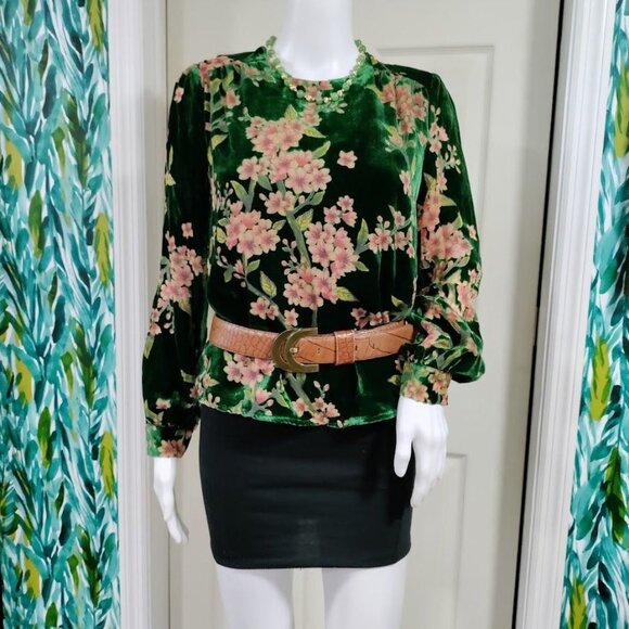 JOA Just One Answer Burn Out Velvet Blouse Top Emerald Floral Women's Size S - Picture 2 of 15